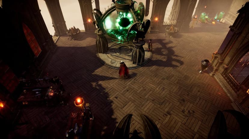 A cloaked figure stands before a glowing green energy portal in a dark gothic castle with isometric view.