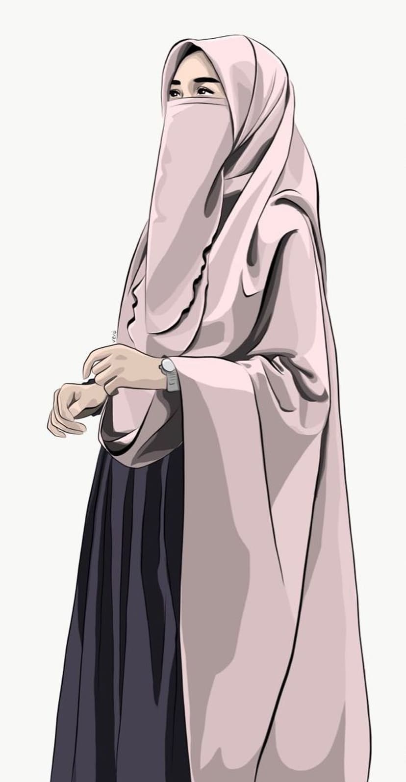 Woman in a pink hijab and dark pleated skirt with a niqab covering her face and a watch on her left wrist.