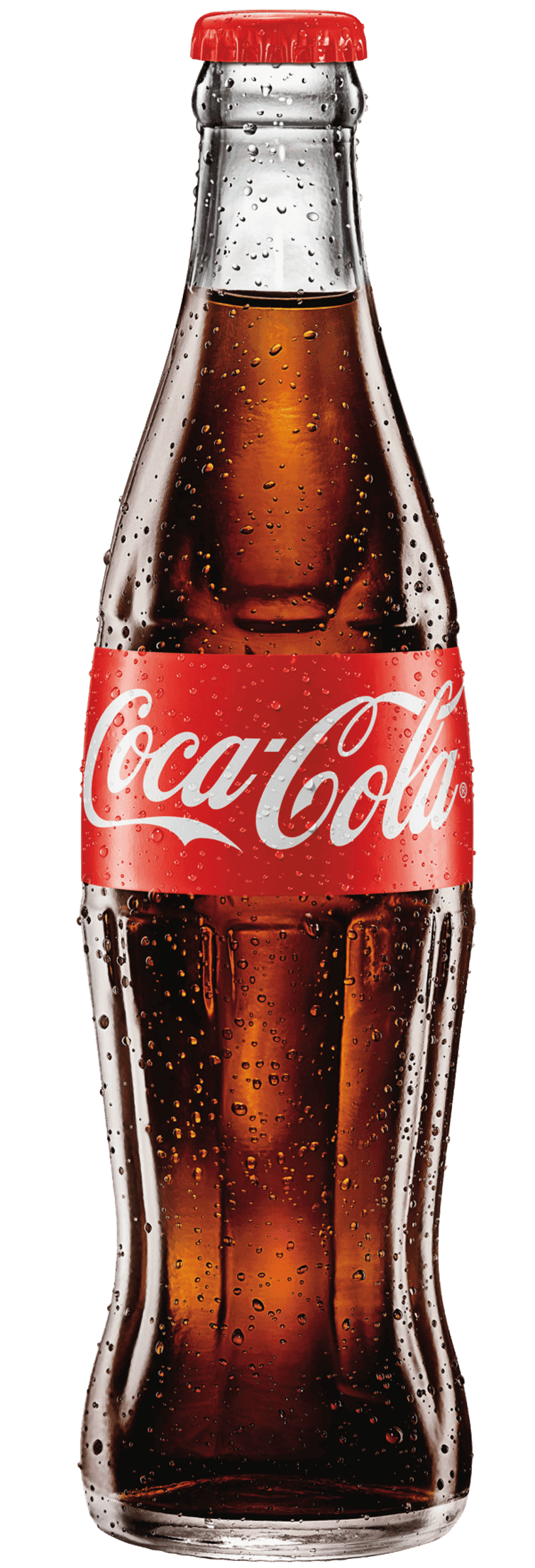 Coca-Cola glass bottle with dark soda and red label featuring condensation droplets on a transparent background.