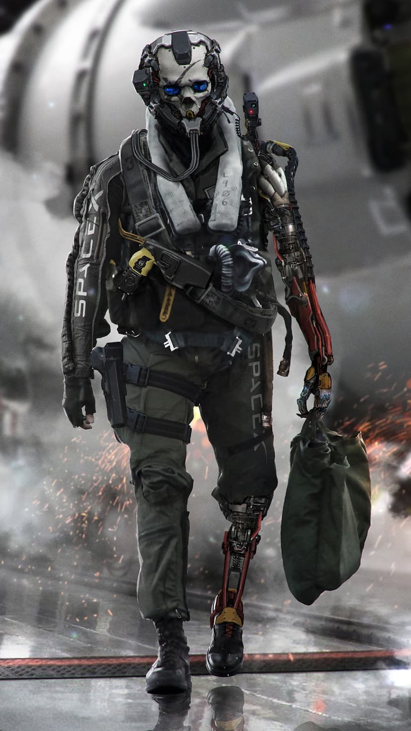 Cyborg soldier with a skull helmet and glowing blue eyes walks through sparks in tactical gear with a duffel bag.