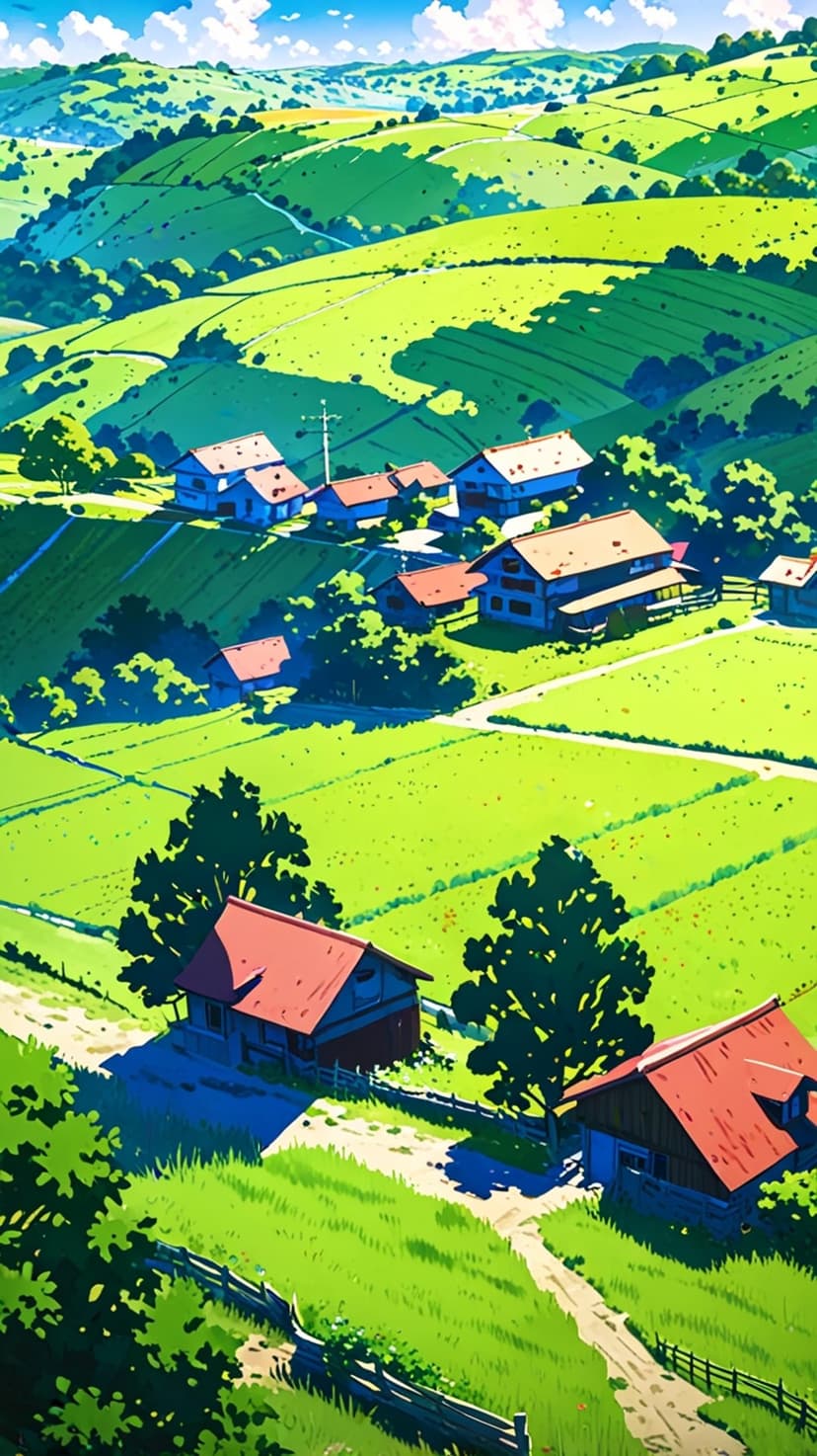 Traditional Japanese farmhouses with red roofs sit among vibrant green rolling hills under a bright summer sun.