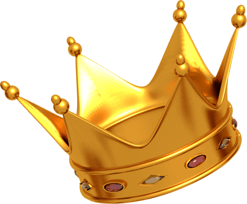 Gold crown 3D rendering featuring polished yellow metal surfaces and realistic shadows on a transparent background.