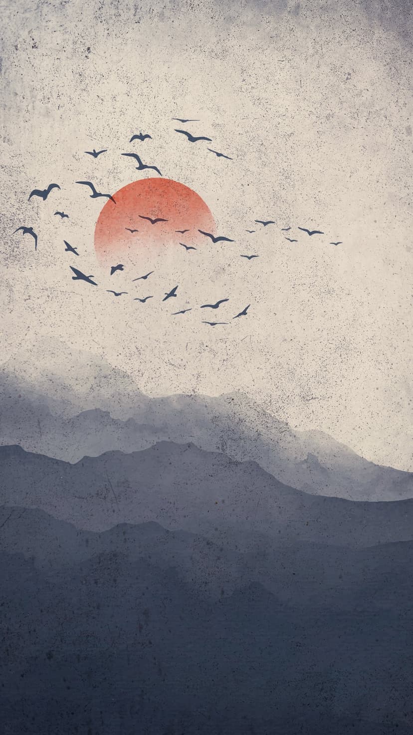 Black bird silhouettes soar over layered mountain peaks against a massive, glowing orange sun in a hazy sky.