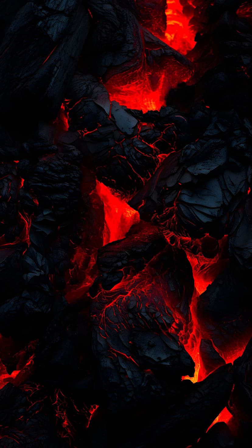 Molten orange lava seeps through jagged cracks in dark volcanic rock, creating a high-contrast geological texture.
