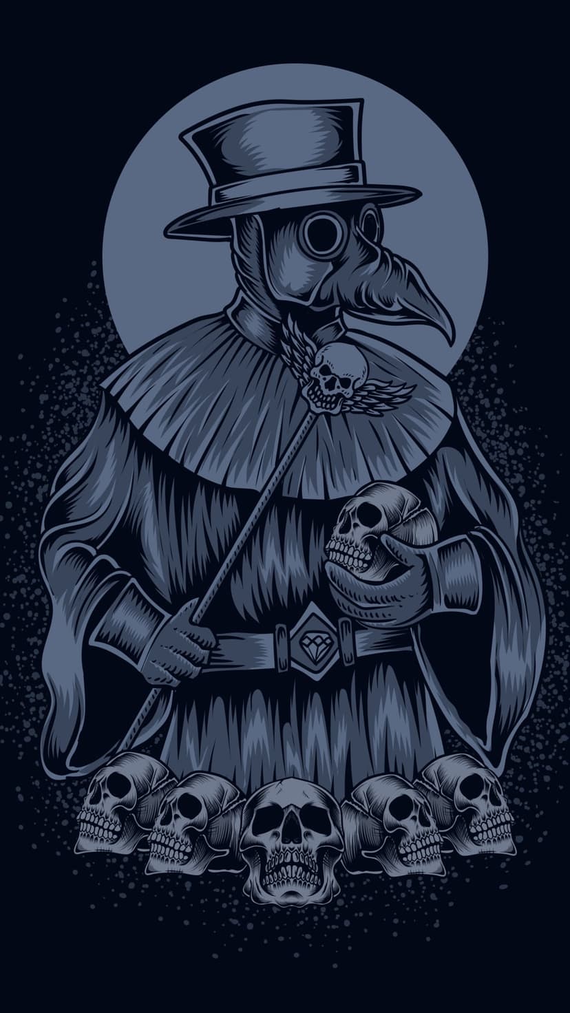 Plague doctor in a beak mask holding a winged skull staff above a pile of human bones in a dark gothic scene.