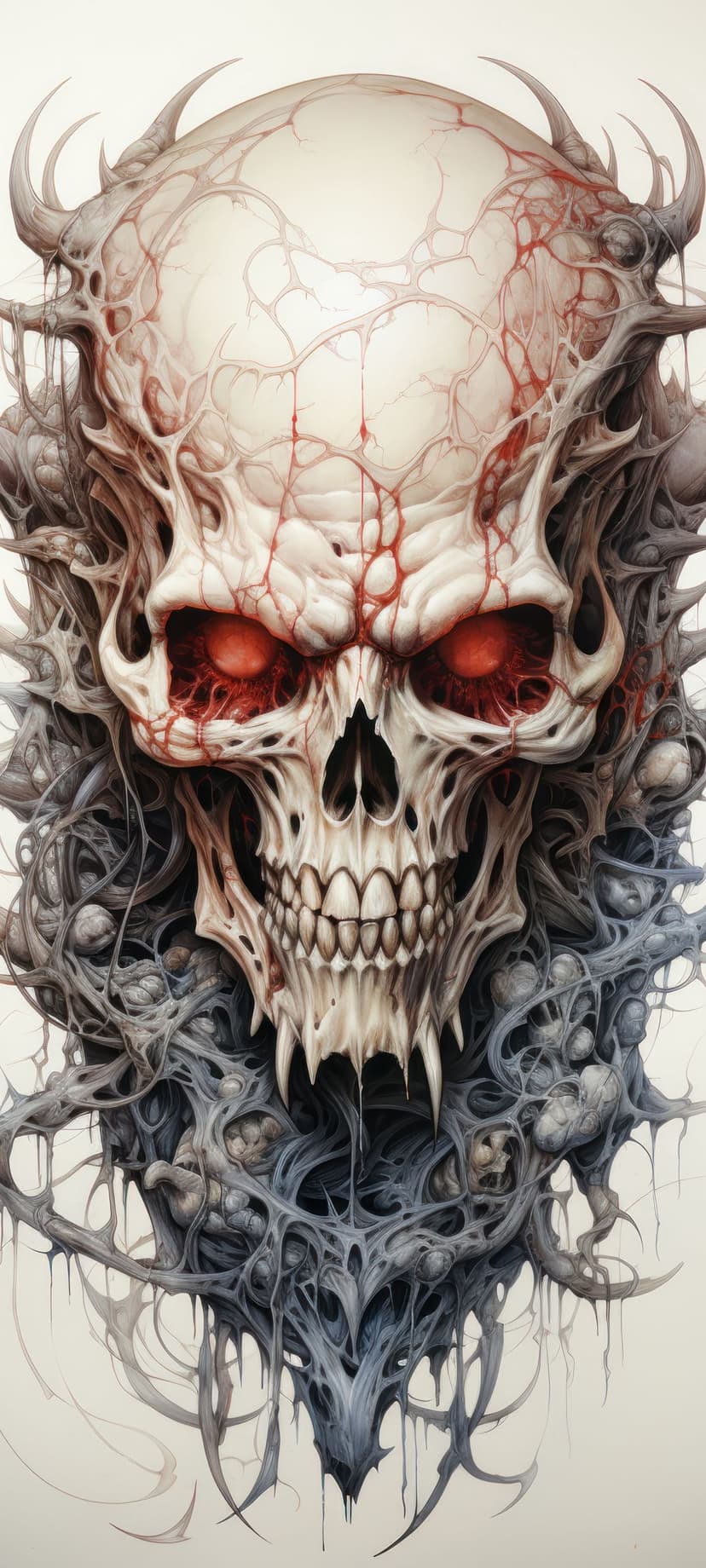 Skull with glowing red eyes surrounded by grey organic tendrils and sharp bone protrusions in a dark setting.