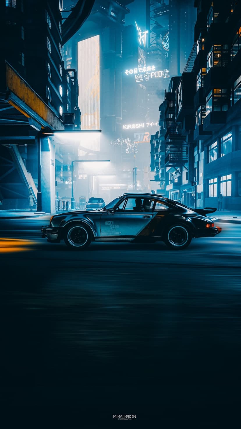 Porsche sports car speeding on a rainy city street with glowing neon signs, skyscrapers, and blue light streaks.
