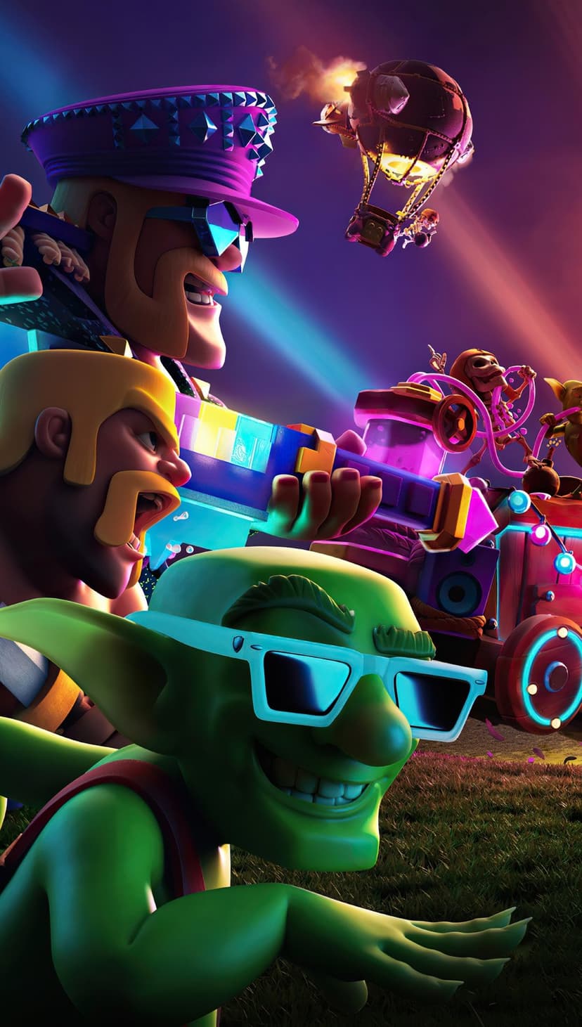 A neon-lit Barbarian King and Goblin in sunglasses during a disco-themed party with vibrant purple lighting.