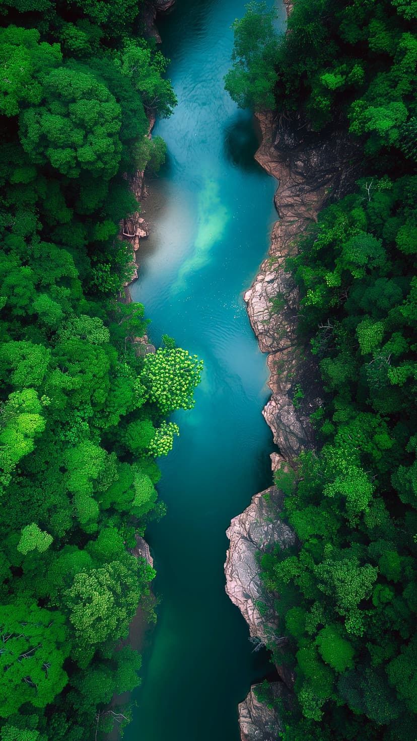 Turquoise river winding through steep forested cliffs seen from a top-down aerial drone perspective.