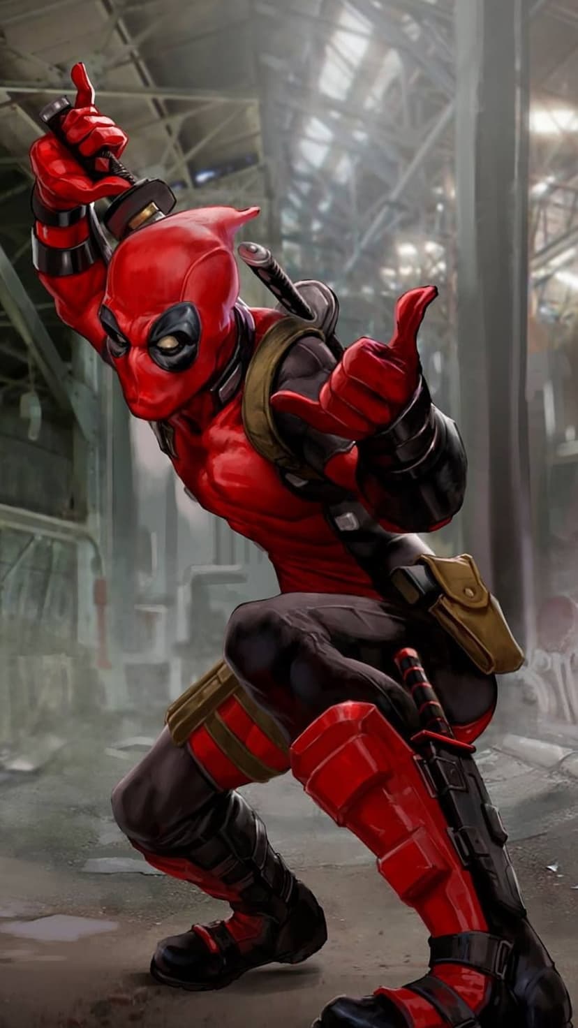 Deadpool in a red suit crouches with a sword in an industrial setting, showing tactical gear and weapon holsters.