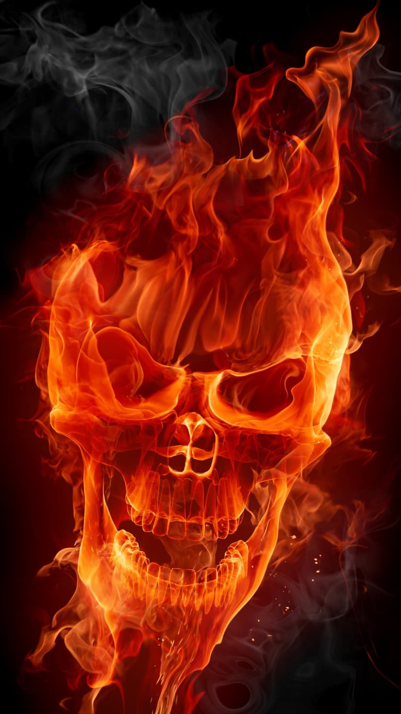 Flaming skull with glowing orange embers and swirling grey smoke set against a pitch-black vertical background.