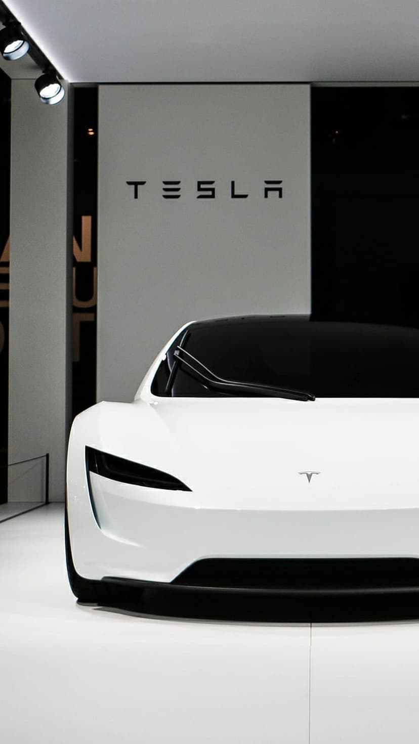 White Tesla sports car with a sleek front profile parked near a white wall with black lettering for phone screen.