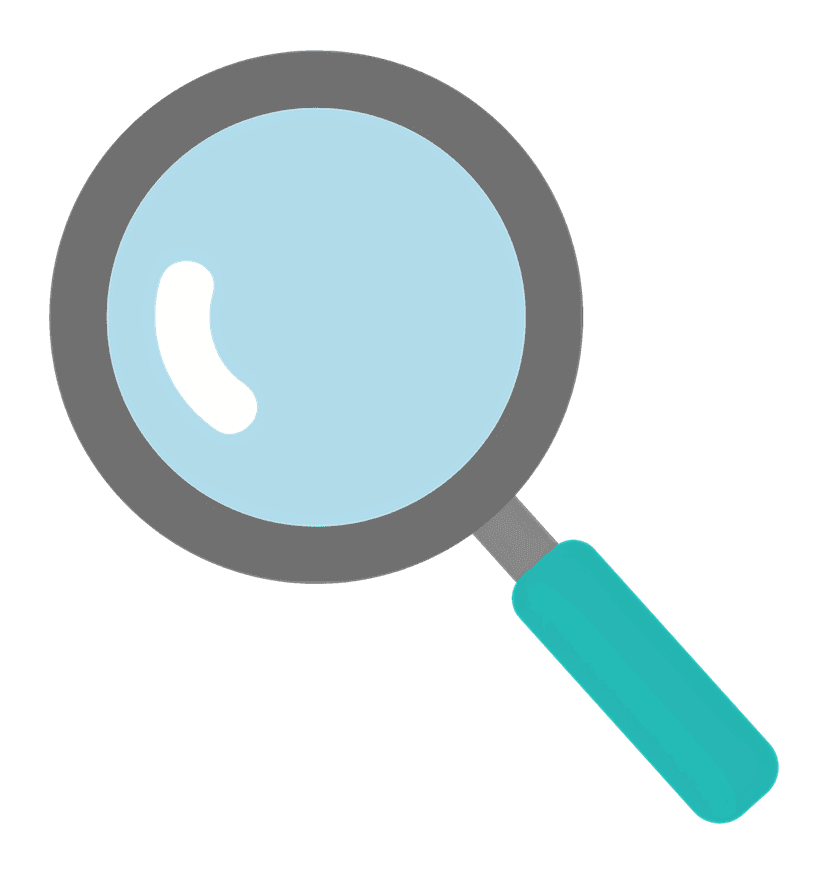 Magnifying glass icon featuring a polished silver rim and a solid black handle on a transparent background.