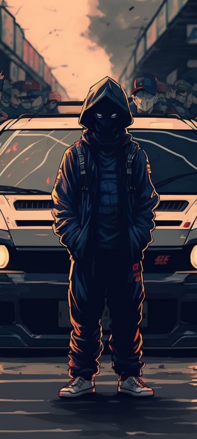 Masked figure wearing a dark hoodie stands before a sleek sports car on a city street under heavy clouds.