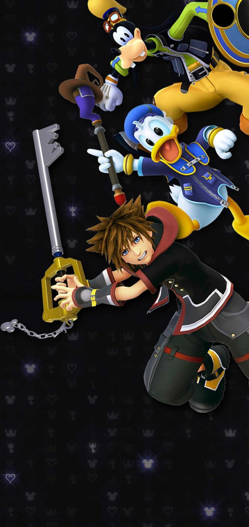 Sora wielding a Keyblade alongside Donald and Goofy over a black pattern with subtle blue glows.