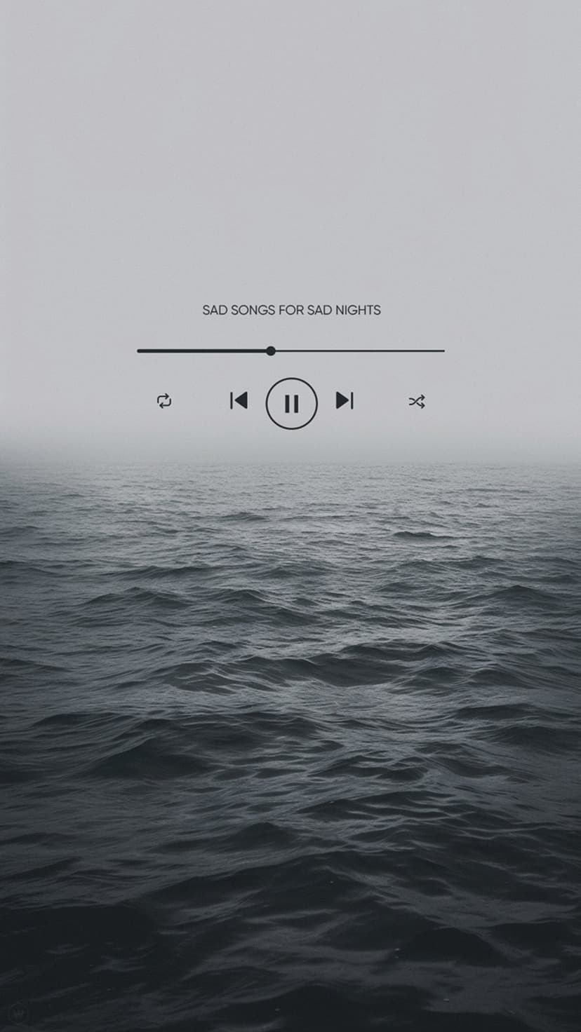 Rippling dark ocean waves under a thick gray mist featuring a centered minimalist music player user interface.