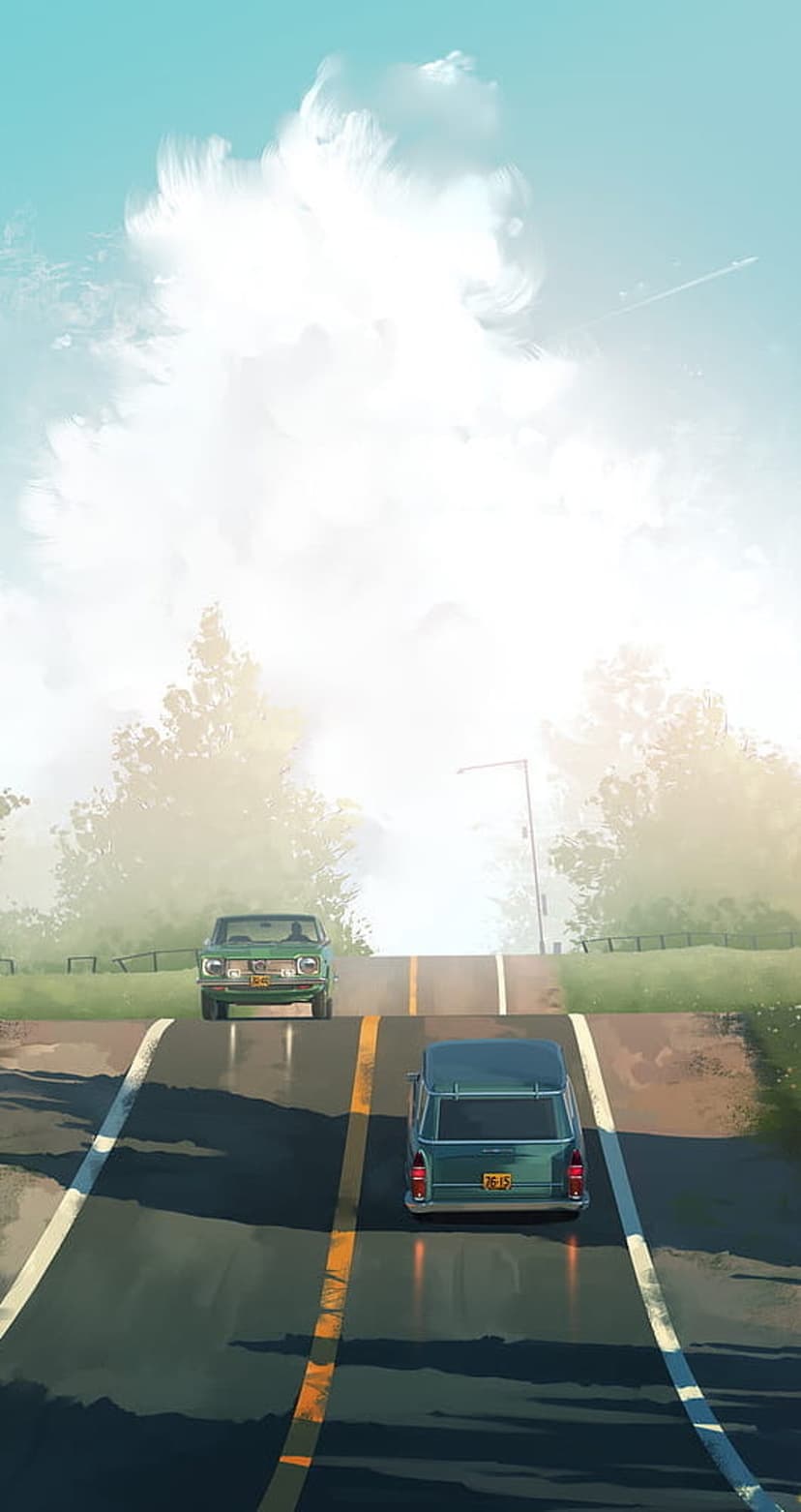 Two vintage cars drive along a hazy road toward a bright horizon beneath a dramatic, cloudy, orange sunset sky.