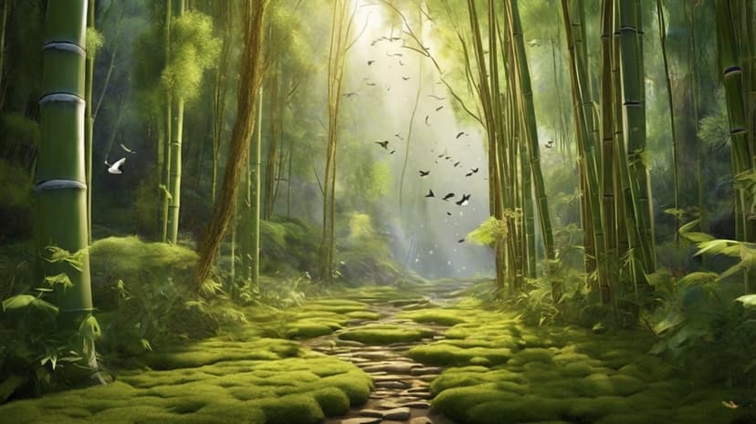 Mossy stone path winds through a misty bamboo forest under dappled light with birds soaring through the hazy sky.