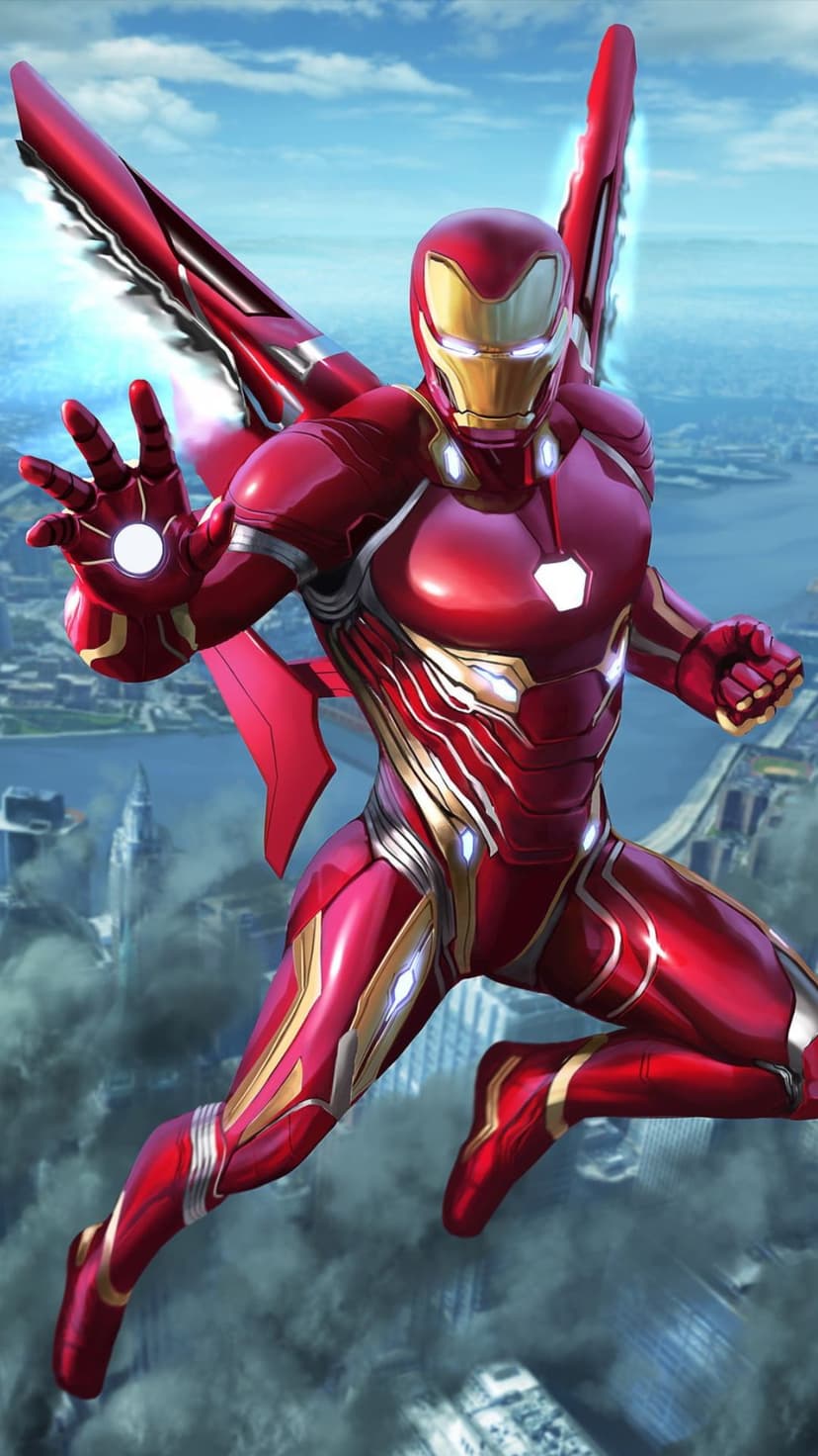 Iron Man in winged red and gold armor flies over a vast city under a cloudy sky with glowing blue hand repulsors.