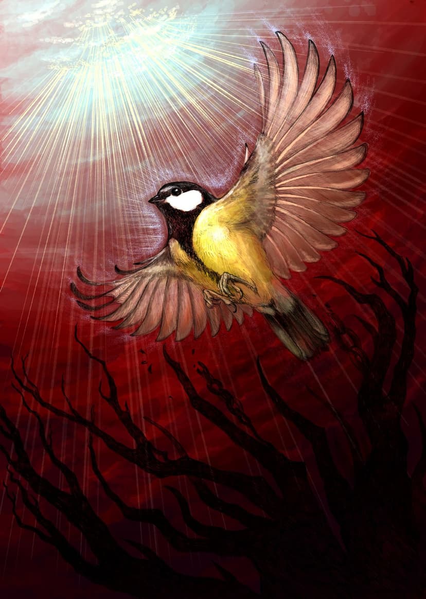 Titmouse bird with yellow plumage flying through red sunbeams and dark silhouetted branches in a vertical scene.