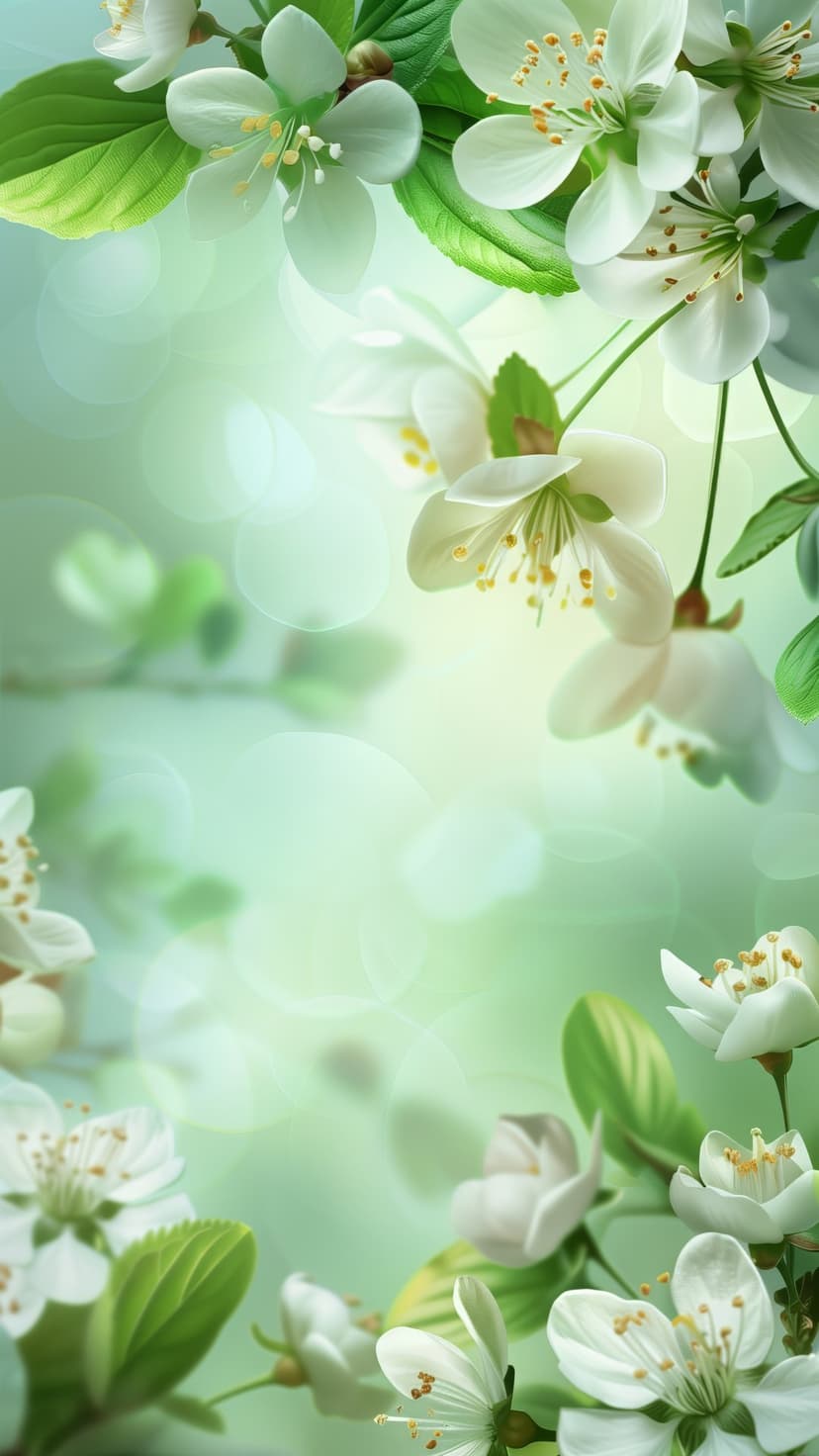 White cherry blossoms with delicate petals clustered on a branch against a blurred soft green background.