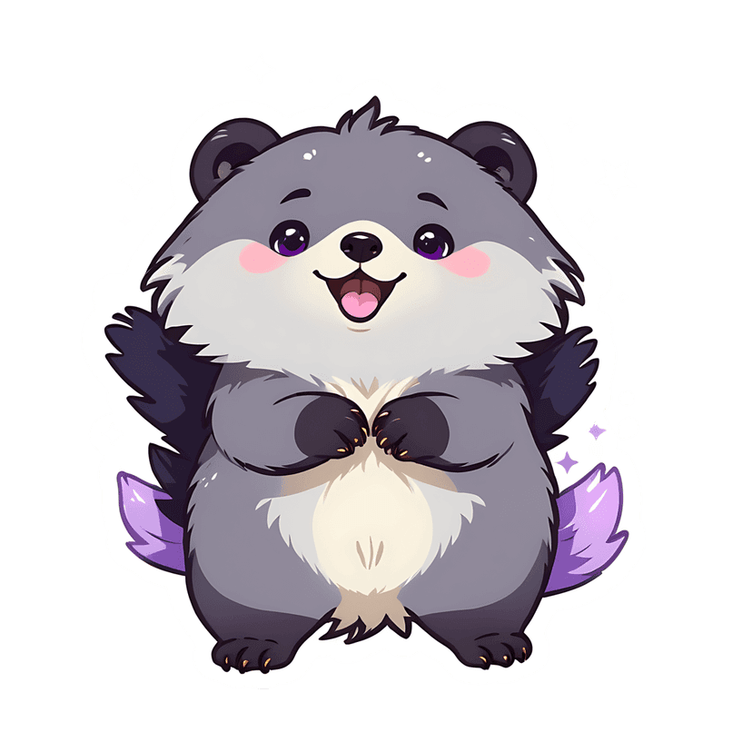Gray bear cub sticker featuring fluffy fur, white belly, purple eyes, and small wings with a white outline.