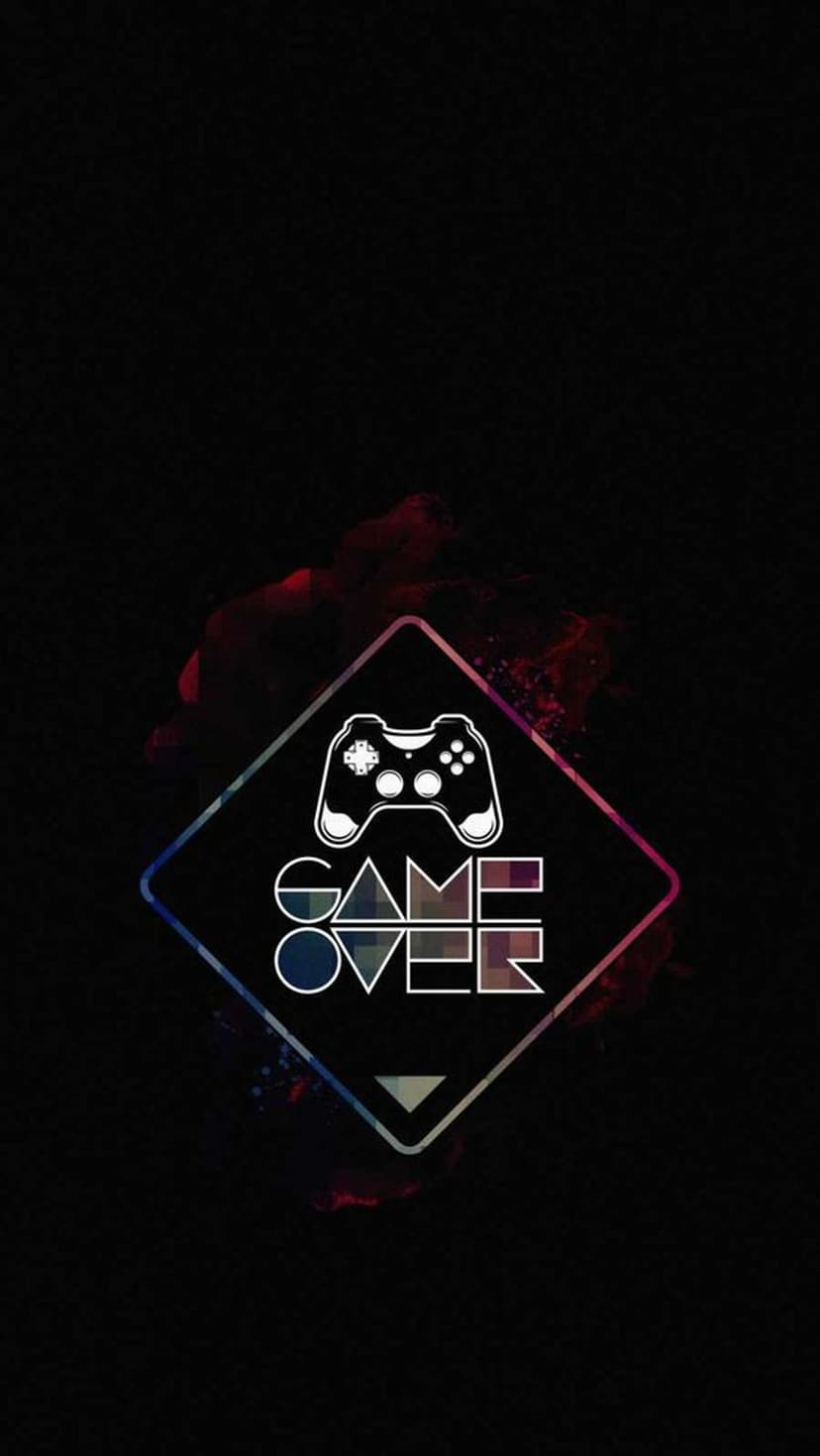 Game Over text and controller silhouette surrounded by red and blue paint splashes on a black background.