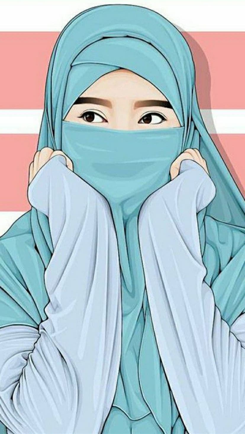 Muslim girl wearing a blue hijab and niqab with expressive dark eyes against a soft pastel backdrop.