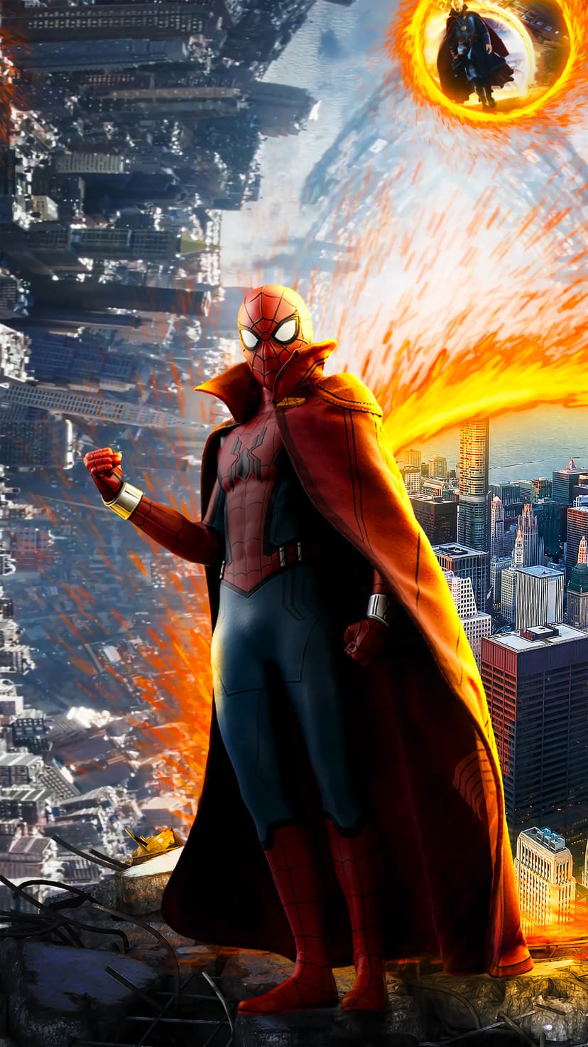 Spider-Man in a sorcerer-style suit stands in a crumbling city with Doctor Strange appearing in a sky portal.