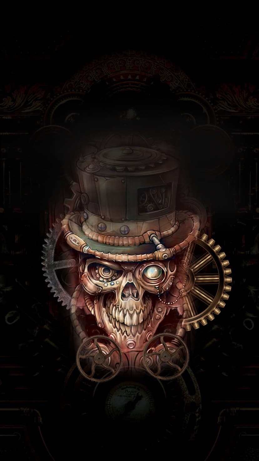 Steampunk skull wearing a black top hat with brass gears and a monocle set against a textured, dark background.