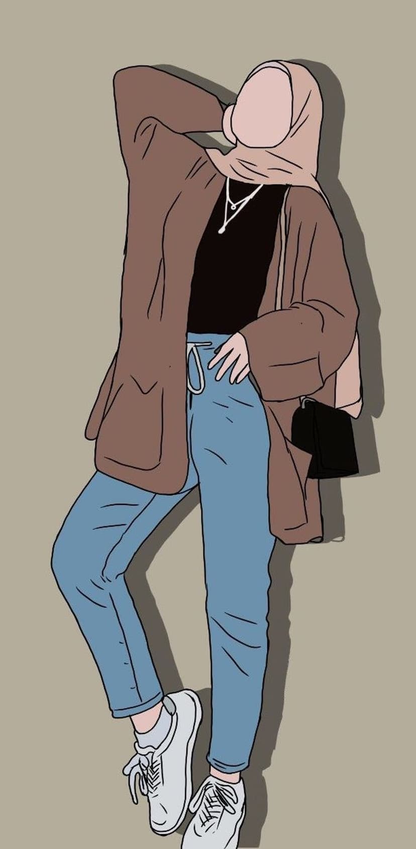 Young woman wearing a tan hijab and blue drawstring pants stands with a black purse in a minimalist pose.