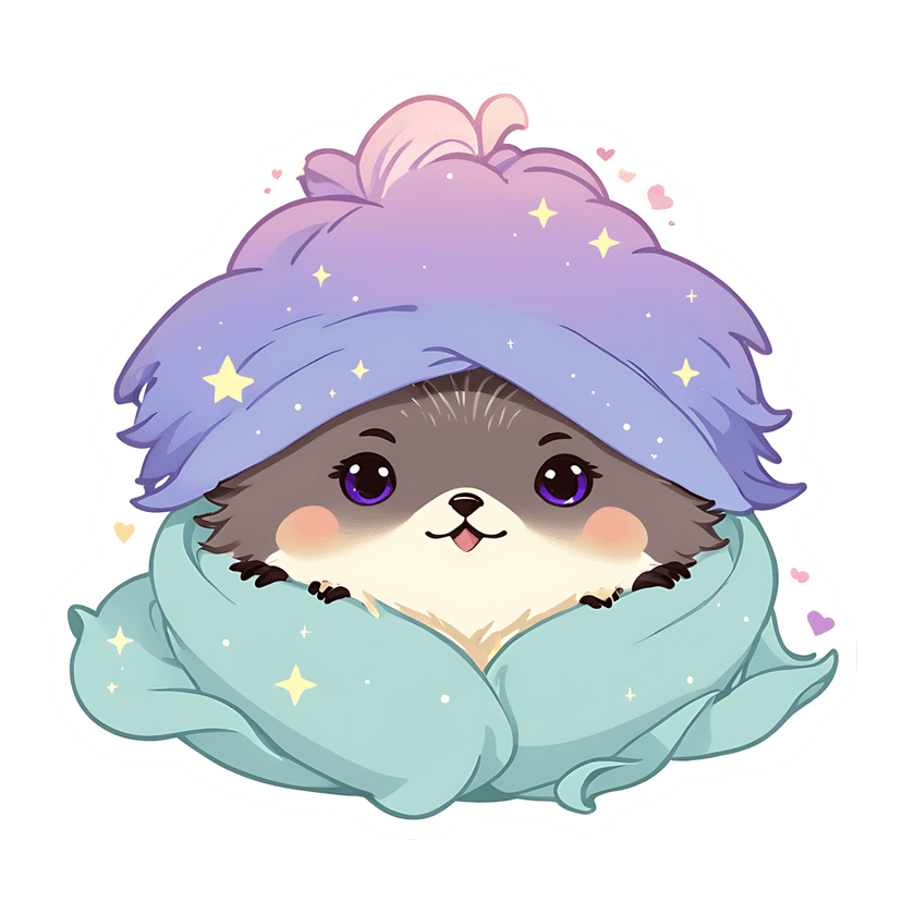 Fluffy purple creature wearing a pink gradient star hat and blue blanket with glossy eyes and pink cheeks.