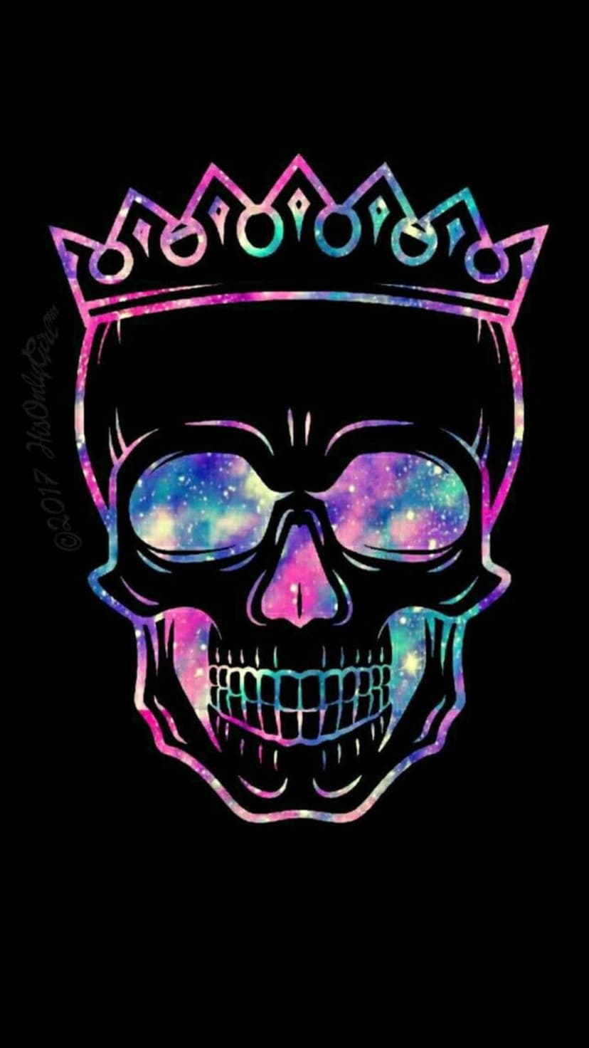 Human skull with cosmic galaxy patterns in the eyes and crown, featuring vibrant purple and blue starlight.