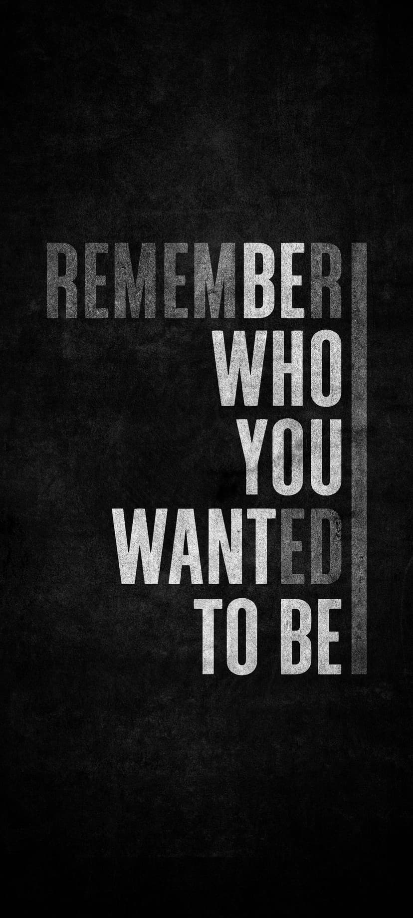Bold white distressed text reading REMEMBER WHO YOU WANTED TO BE centered on a dark grainy textured background.