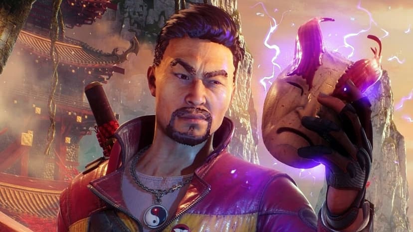 Lo Wang holds a glowing wooden mask as purple lightning crackles against an ancient pagoda background.