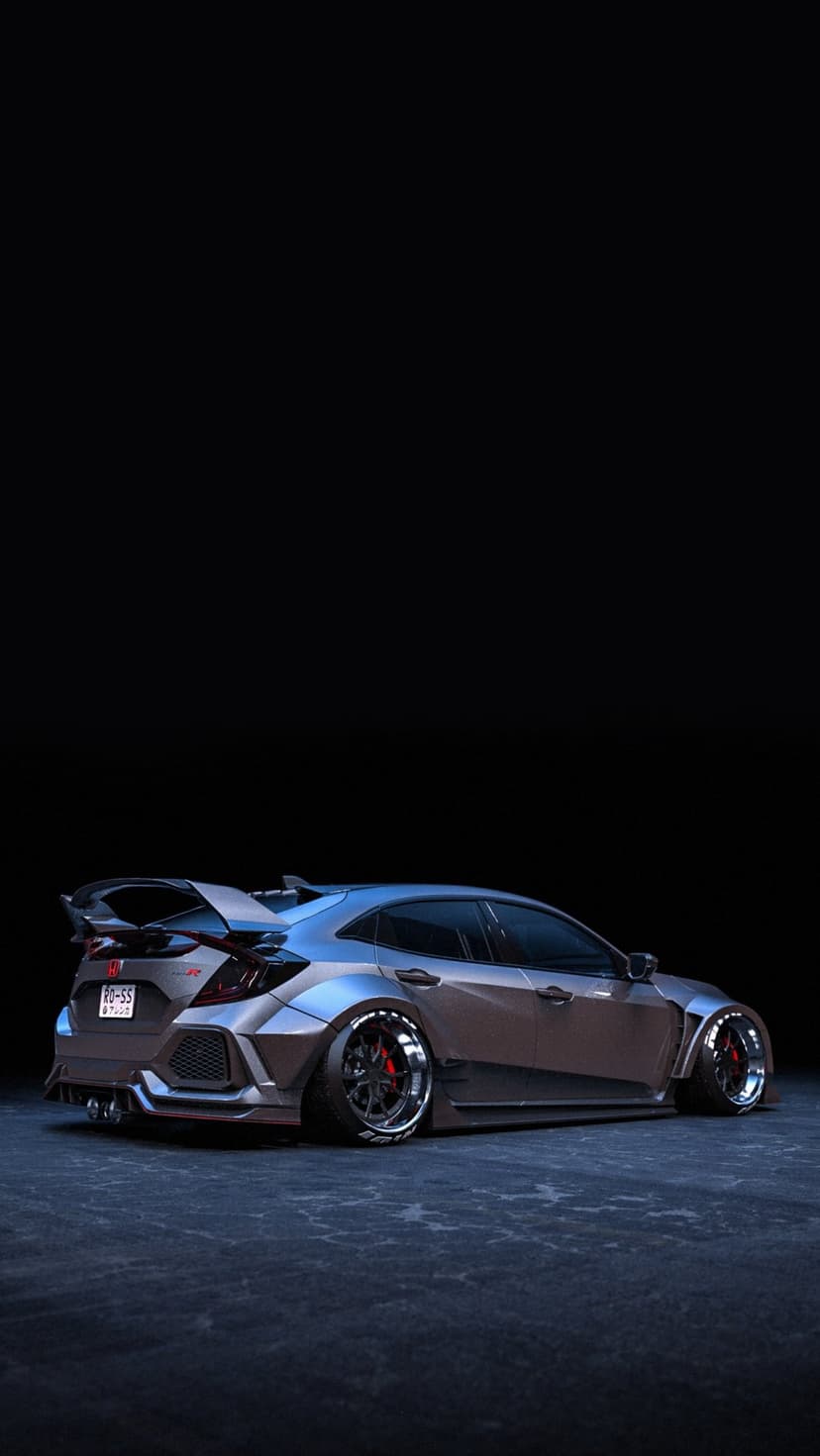 Honda Civic Type R with a widebody kit, massive rear wing, and slammed stance against a solid black background.