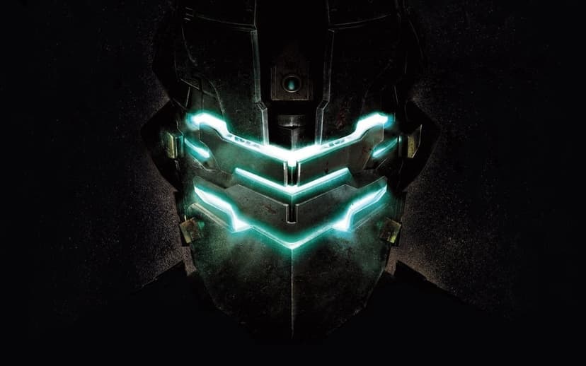 Close-up of a metallic sci-fi helmet with three glowing teal visor slits centered against a dark background.