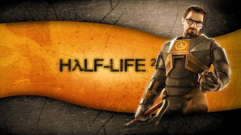 Gordon Freeman in an HEV suit holds a crowbar and bugbait against a wavy orange and black grungy background.