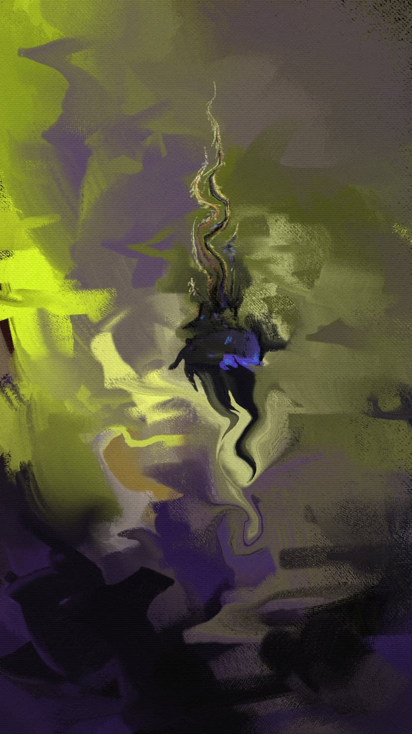 Lime green and purple swirls intertwine with textured charcoal brushstrokes in a dark, organic abstract design.