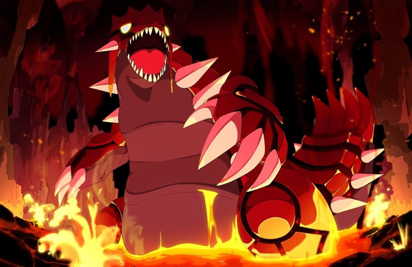 Groudon roaring in a dark volcanic cavern with glowing orange lava at its feet and sharp red armor plating.