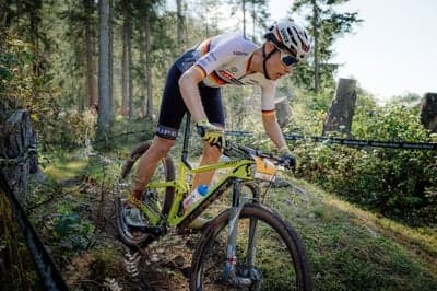 Mountain biker navigates forest trail in race
