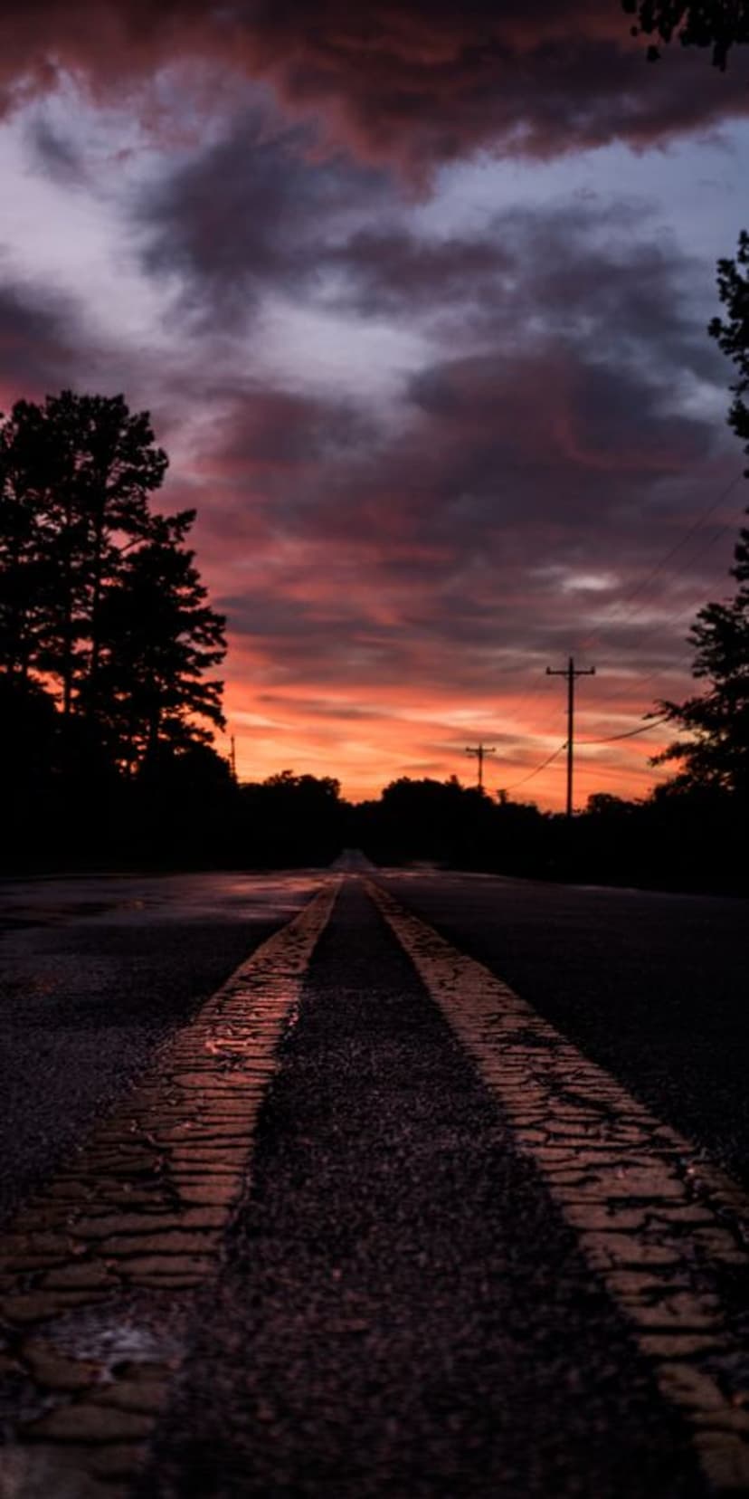 Wet asphalt road with yellow lines reflecting a fiery red sunset sky between silhouetted trees and poles.