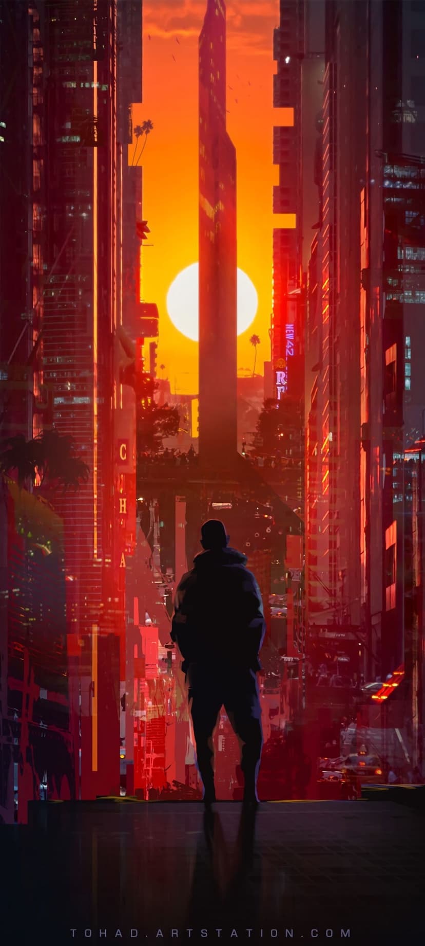 Lone figure silhouette overlooks a neon city skyline at sunset with palm trees and a large white sun behind towers.