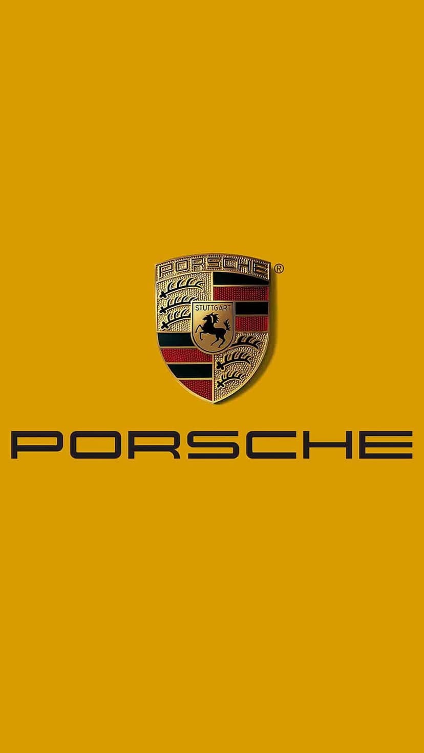 Porsche gold crest featuring a black horse and antlers centered above black text on a solid yellow background.