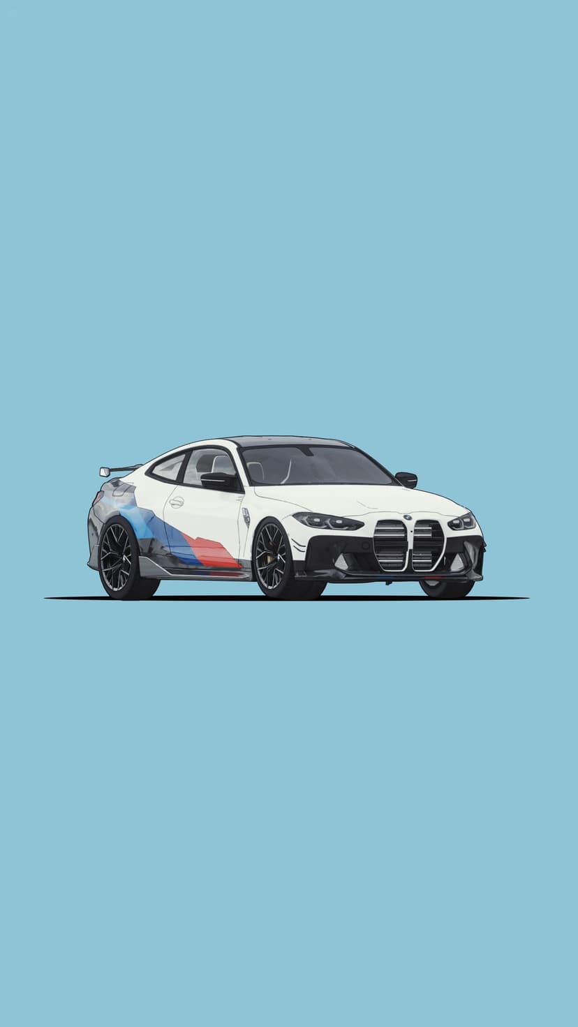 White BMW M4 Coupe with blue and red side decals parked against a solid light blue background in profile view.