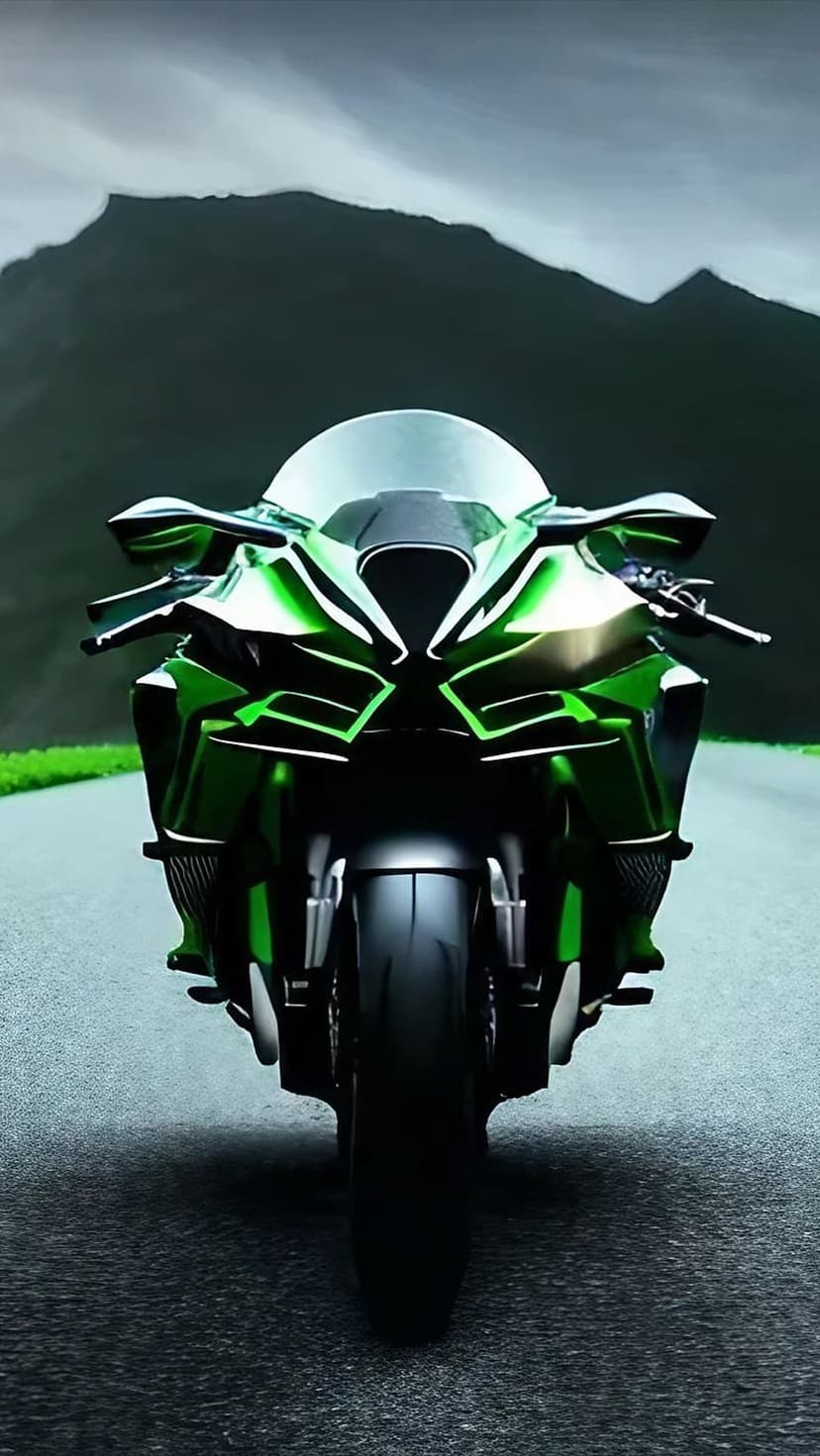 Green Kawasaki Ninja sportbike parked on an asphalt road with dark mountains and a cloudy sky in the background.