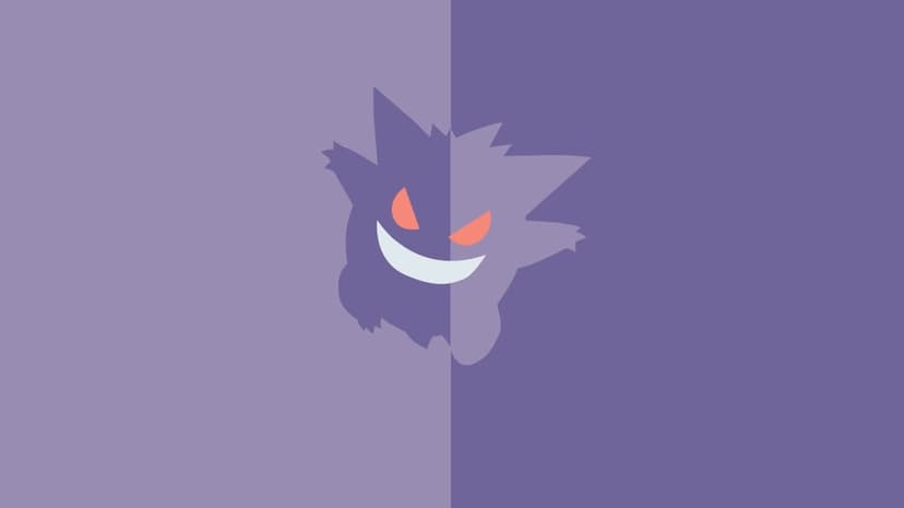 Minimalist Gengar silhouette with glowing red eyes and a wide grin on a split purple landscape background.