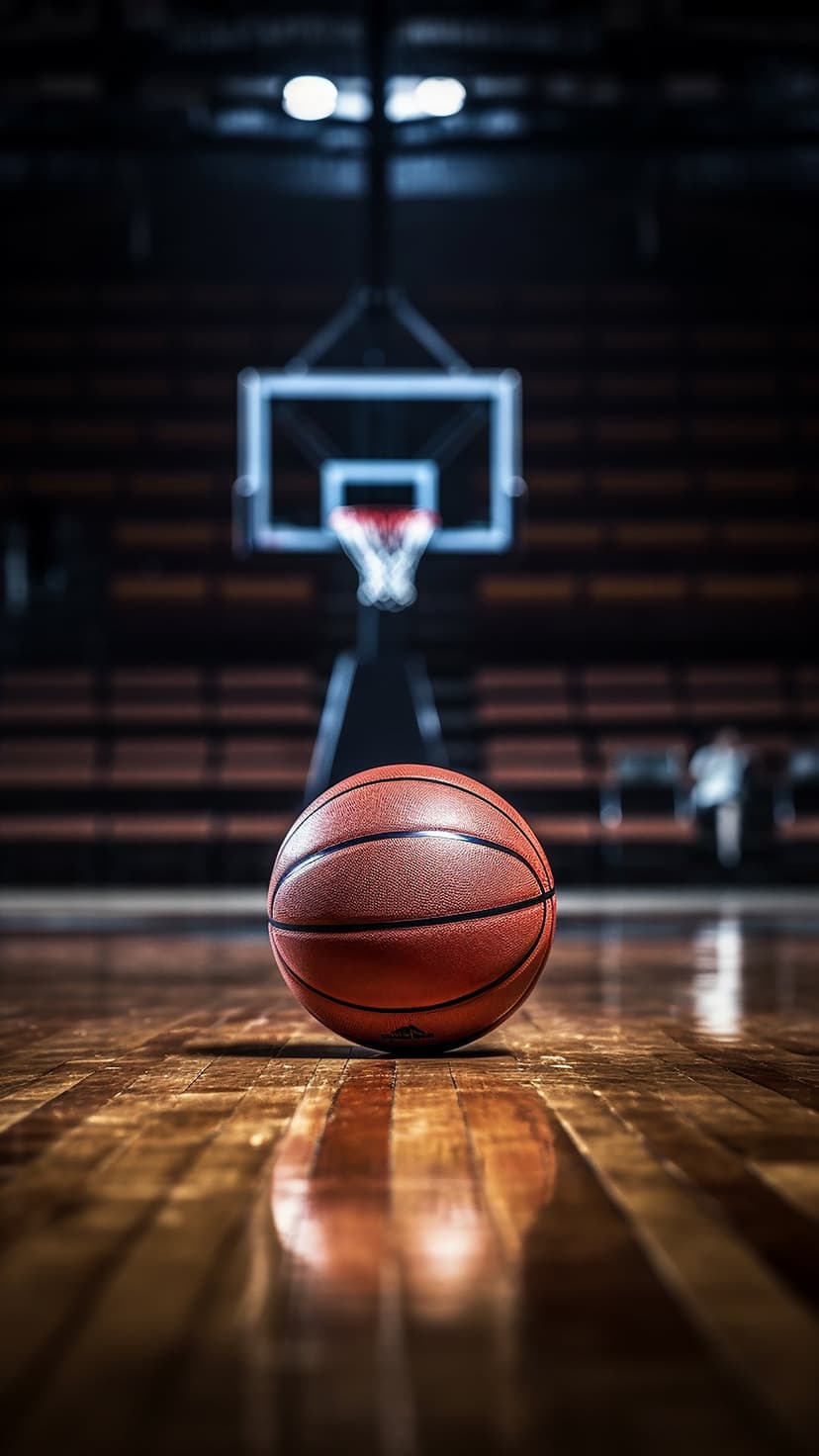 Orange basketball resting on a glossy wood floor with a blurred hoop and stadium seats in the background.