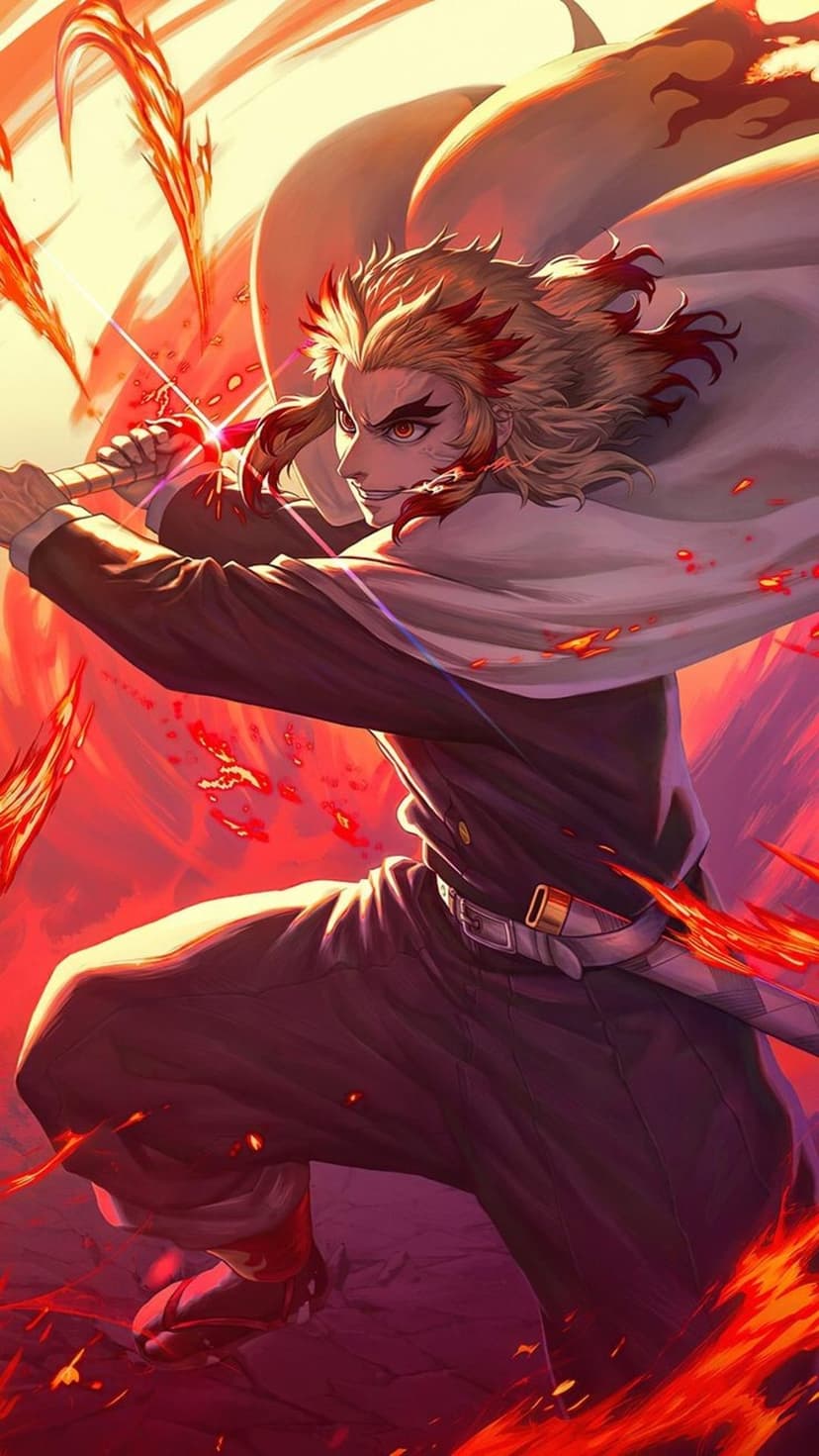 Kyojuro Rengoku swings a glowing sword while surrounded by swirling orange fire and embers in a vertical layout.