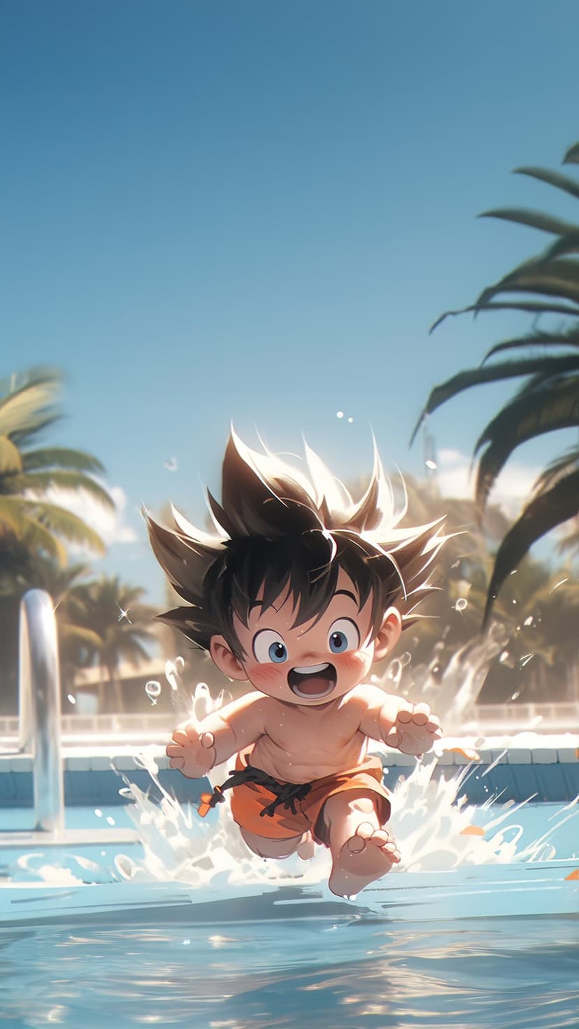 Spiky-haired anime boy leaps into a blue swimming pool with palm trees and water splashes in the background.